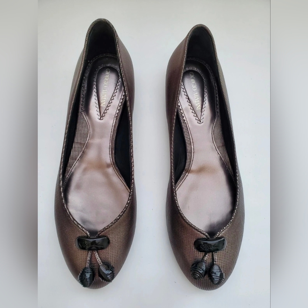 GIORGIO ARMANI Women's Metallic Leather Ballet Tassel Accent Flats Sz IT 39/US 9